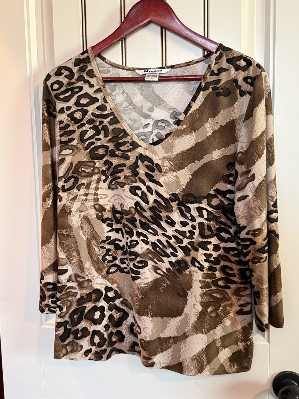 Peter Nygard Taupe, Brown,black, tan animal-Print V-Neck Long Sleeve Top.